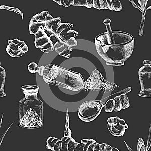 Seamless hand drawn pattern of Ginger roots, lives and flowers in chalk white color isolated on black board background