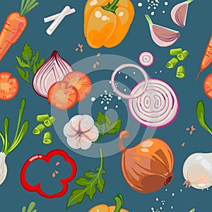 Seamless hand drawn pattern with healthy vegetables, peppers, carrots