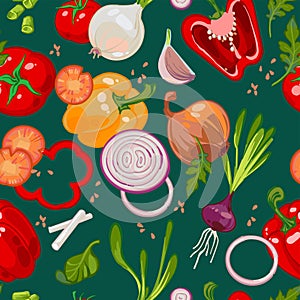 Seamless hand drawn pattern with healthy vegetables, peppers, carrots, onions,