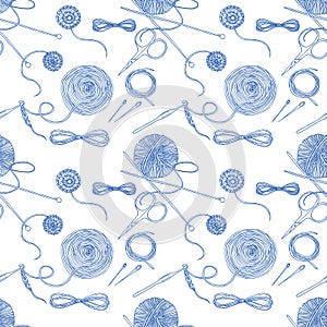 Seamless hand drawn pattern with knitted objects