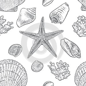 Seamless hand drawn pattern with seashells, starfish and coral.