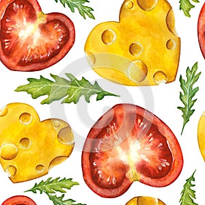 Seamless hand drawn pattern of sliced food: cheese  tomatoes and rukkola in the shape of heart isolated on white
