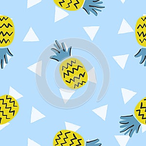 Seamless hand drawn pineapple pattern. Vector cute tropical fruit background