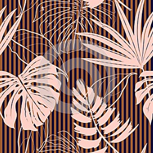 Seamless Hand Drawn pink tropical leaves Pattern on retro strip