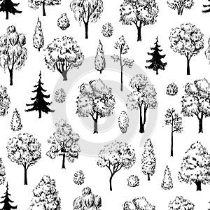 Seamless hand drawn tree sketches pattern.