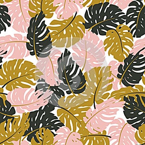 Seamless hand drawn tropical pattern. Vector background with monstera.
