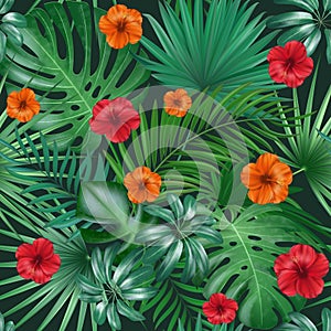 Seamless hand drawn tropical vector pattern with bright hibiscus flowers