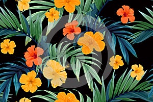 Seamless hand drawn tropical vector pattern with bright hibiscus flowers and exotic palm leaves on dark background.