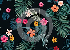 Seamless hand drawn tropical vector pattern with bright hibiscus flowers and exotic palm leaves on dark background.