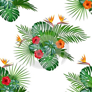 Seamless hand drawn tropical vector pattern with hibiscus flowers