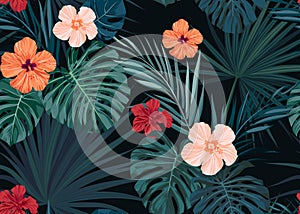 Seamless hand drawn tropical vector pattern with hibiscus flowers and exotic palm leaves on dark background.