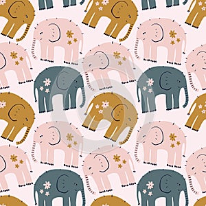 Seamless hand drawn vector pattern with elephants, cute safari animals, tropical kids wrapping paper in nursery scandinavian style