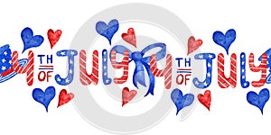 Seamless hand drawn watercolor horizontal border for 4th fourth of july celebration. American independence day patriotic
