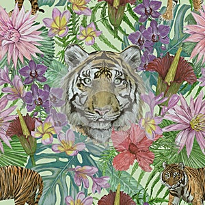 Seamless hand drawn watercolor pattern with indonesian tigers, leaves, flowers