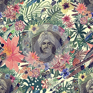 Seamless hand drawn watercolor pattern with maharajah head, flowers, leaves, feathers.