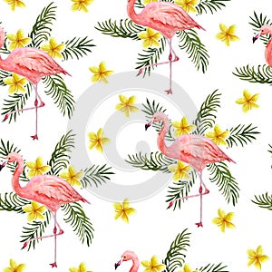 Seamless hand drawn watercolor pattern with pink flamingo, romantic couple in love, palm leaves plumeria frangipani