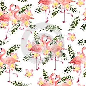 Seamless hand drawn watercolor pattern with pink flamingo, romantic couple in love, palm leaves plumeria frangipani