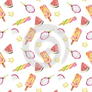 Seamless hand drawn Watercolor Pattern with Tropical fruit and ice cream on white background