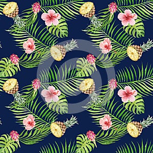 Seamless hand drawn Watercolor Tropical Pattern. Exotic fruits, palm leaves and hibiscus flower on blue background