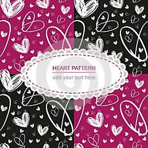 seamless hand drawn white heart texture on pink and black background with label