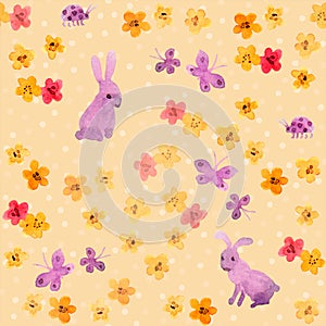 Seamless hand painted background - cute childish hare and naive flowers. Watercolor art