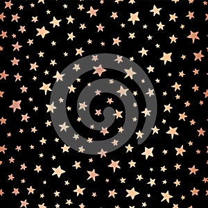 Seamless Handdrawn stars copper foil on black vector background. Pattern for Christmas and celebrations. Hand drawn rose gold