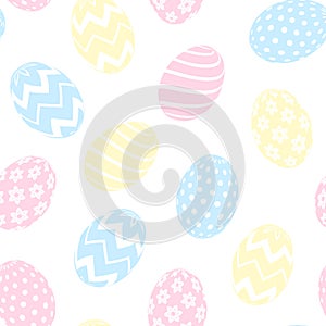 Seamless Happy Easter pattern with eggs with different ornament, flat background, vector illustration. Fabric and paper, wallpaper