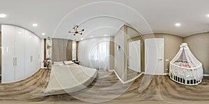 seamless hdri 360 panorama in interior of bedroom with baby cot in flat or apartments in equirectangular projection with zenith