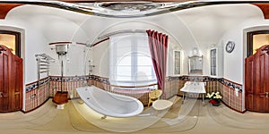 seamless hdri 360 panorama in interior of expensive vintage bathroom in modern flat apartments with washbasin in equirectangular