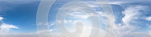 Seamless hdri panorama 360 degrees angle view blue sky with beautiful fluffy cumulus clouds with zenith for use in 3d graphics or