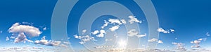 Seamless hdri panorama 360 degrees angle view blue sky with beautiful fluffy cumulus clouds with zenith for use in 3d graphics or