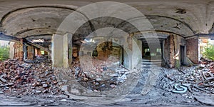 360 seamless hdri panorama view inside empty long corridor hall of abandoned hotel or clinic with concrete walls in