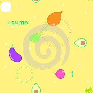 Seamless healthy eating lifestyle with vegetable repeat pattern in yellow background