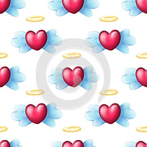 Seamless Heart Pattern with Angel wings and Halo