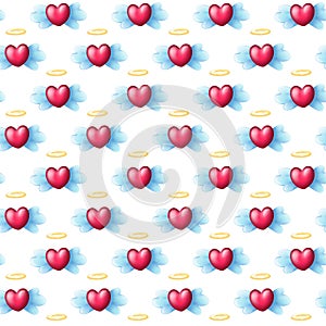 Seamless Heart Pattern with Angel wings and Halo