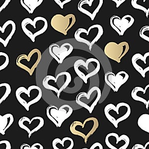 Seamless heart pattern. Hand drawn with ink. Black, gold and white. Love concept. Heart pattern for printables