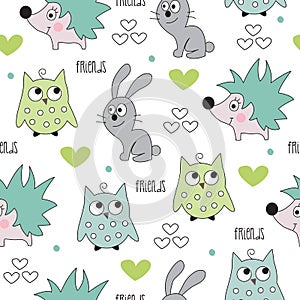 Seamless hedgehog, bunny, owl pattern vector illustration