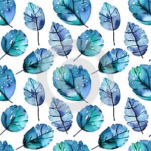 Seamless herbal pattern with blue watercolor leaves.