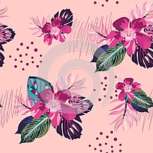 Seamless Hibiscus Tropic flower pattern. Hawaiian floral print. Digital paper with palm leaves, Monstera, jungle blossom flowers