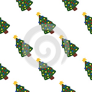 Seamless holiday pattern with new year tree toy ornament. Isolated christmas print in green color on white background