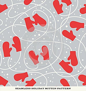 Seamless holiday pattern with red mittens and snow