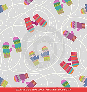 Seamless holiday pattern with striped mittens and snow