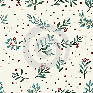 Seamless holiday pattern, tileable botanical English holly, winterberry Christmas branch country print for wallpaper
