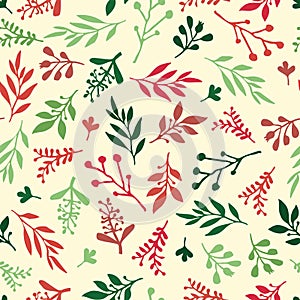 Seamless Holiday vector background with abstract leaves red, green, beige. Simple leaf texture, endless foliage pattern. Christmas