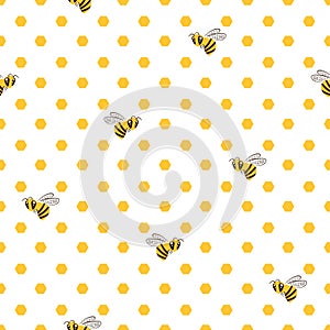 Seamless honey pattern with bee and honeycomb. Vector print, textile design