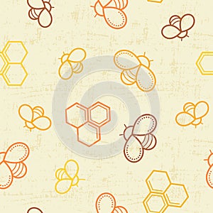 Seamless honey pattern with outlined honey bees and honey cells photo