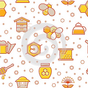 Seamless honey pattern with stroked honey bees, bee cells, beehives and beekeeping signs. photo