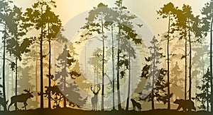 Seamless horizontal background with pine forest and animals
