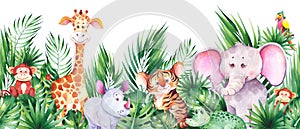 Seamless horizontal border with cute african cartoon animals.