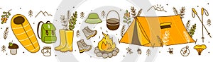 Seamless horizontal border with forest and mountain hiking items isolated on white - cartoon objects for Your camping design